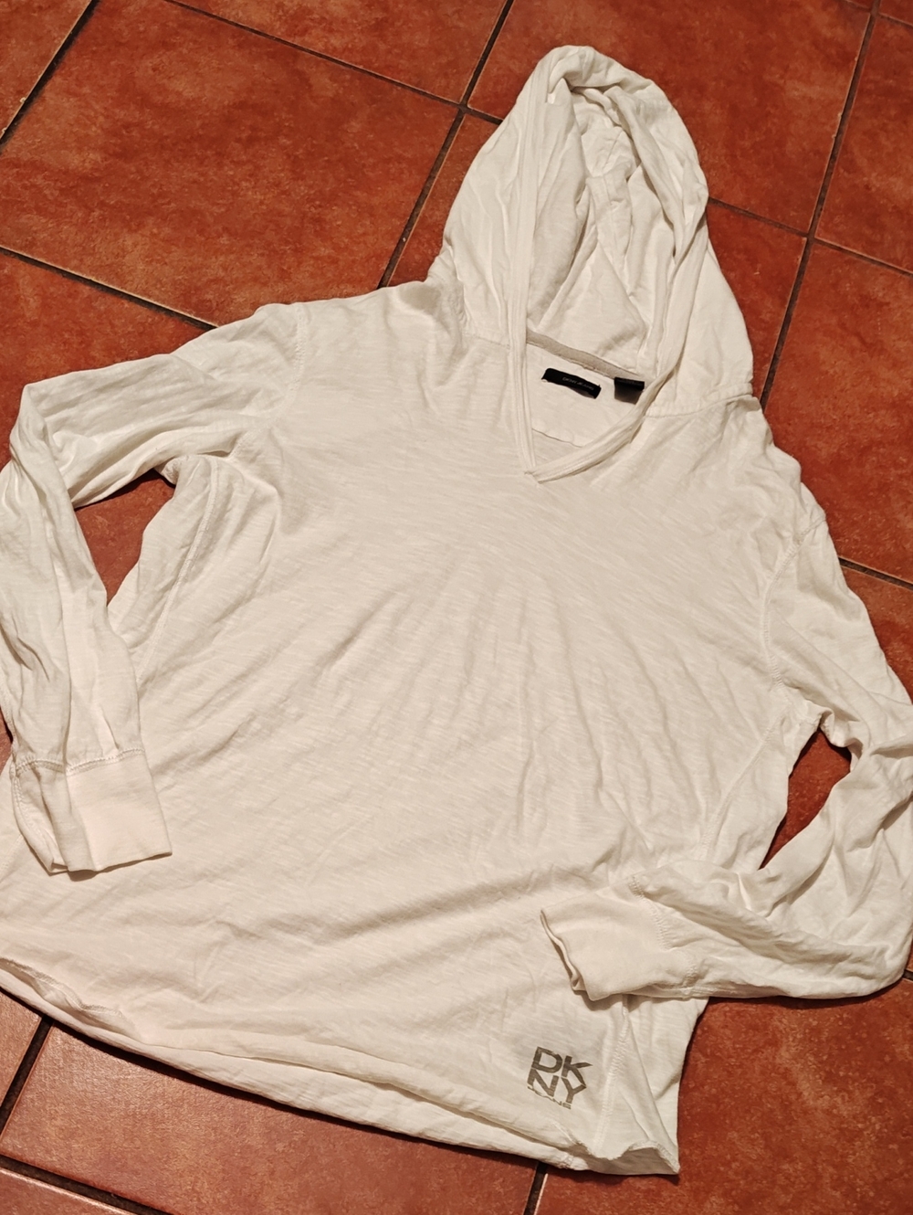 DKNY White Lightweight Hooded V-Neck Top